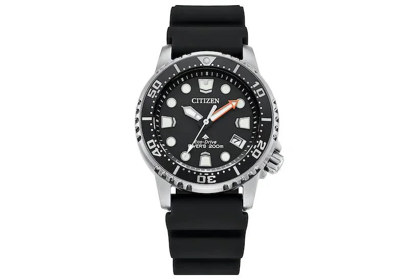 Citizen Promaster Dive Eco-Drive Watch 3-Hand Date ISO Certified Luminous Hands and Markers Rotating Bezel Black/Stainless (Model: BN0150-28E)