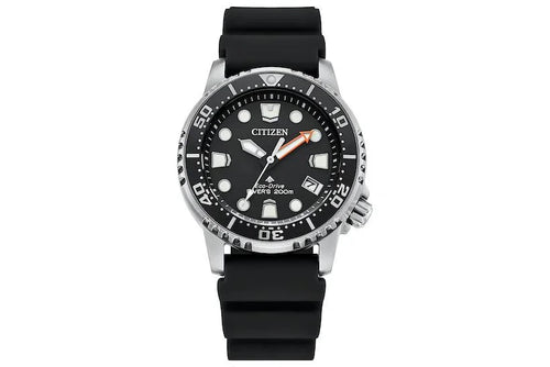 Citizen Promaster Dive Eco-Drive Watch 3-Hand Date ISO Certified Luminous Hands and Markers Rotating Bezel Black/Stainless (Model: BN0150-28E)